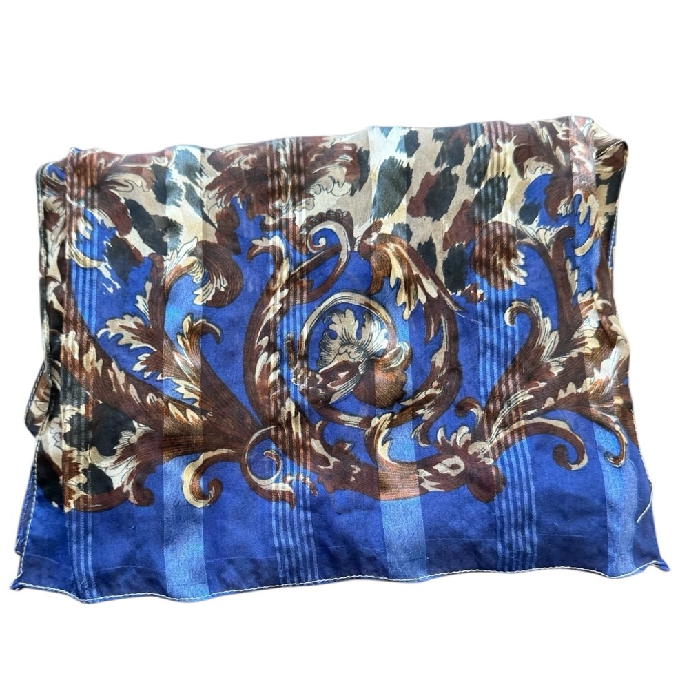 Delicate Semi Sheer Beautiful Brown Cream Animal Print Blue Trim Scarf